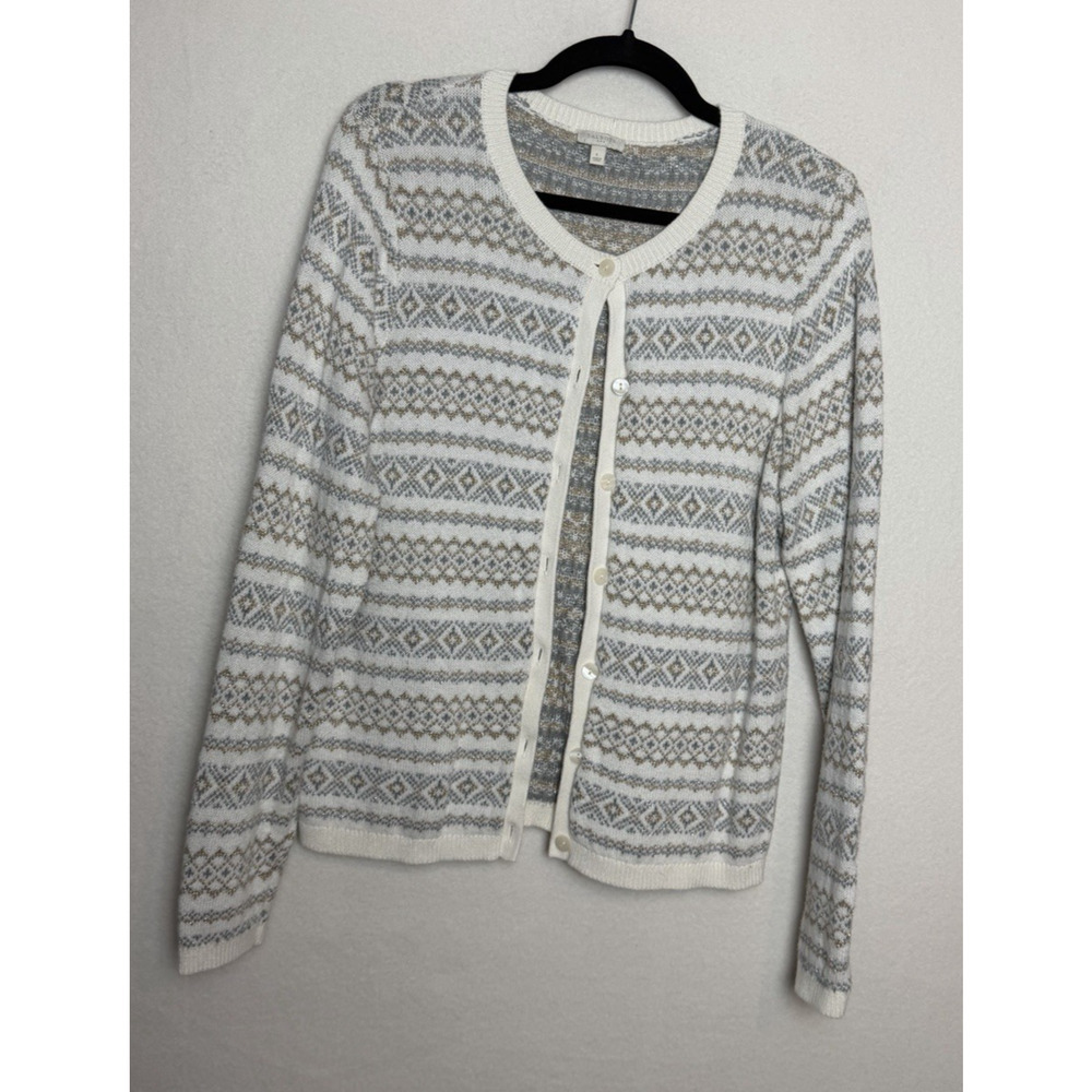 Talbots Women's Gray White Gold Button Up Cardigan Size L Cozy Sweater Layering
